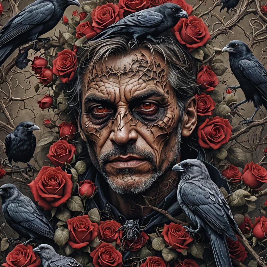 Intricate Face of Roses, Rats, and Ravens