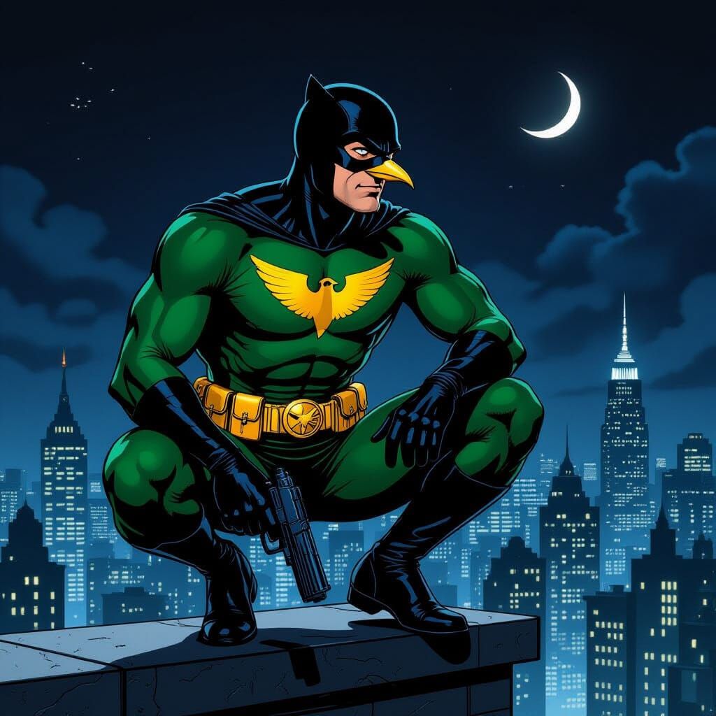 Pulp Art Superhero Surveys City at Midnight