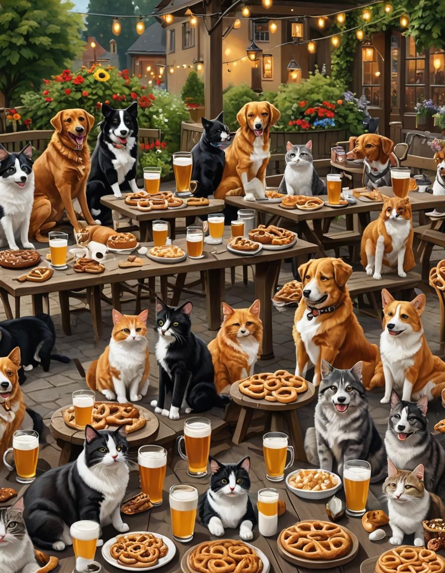 Cat and dog in a cozy beer garden scene with other cats and ...