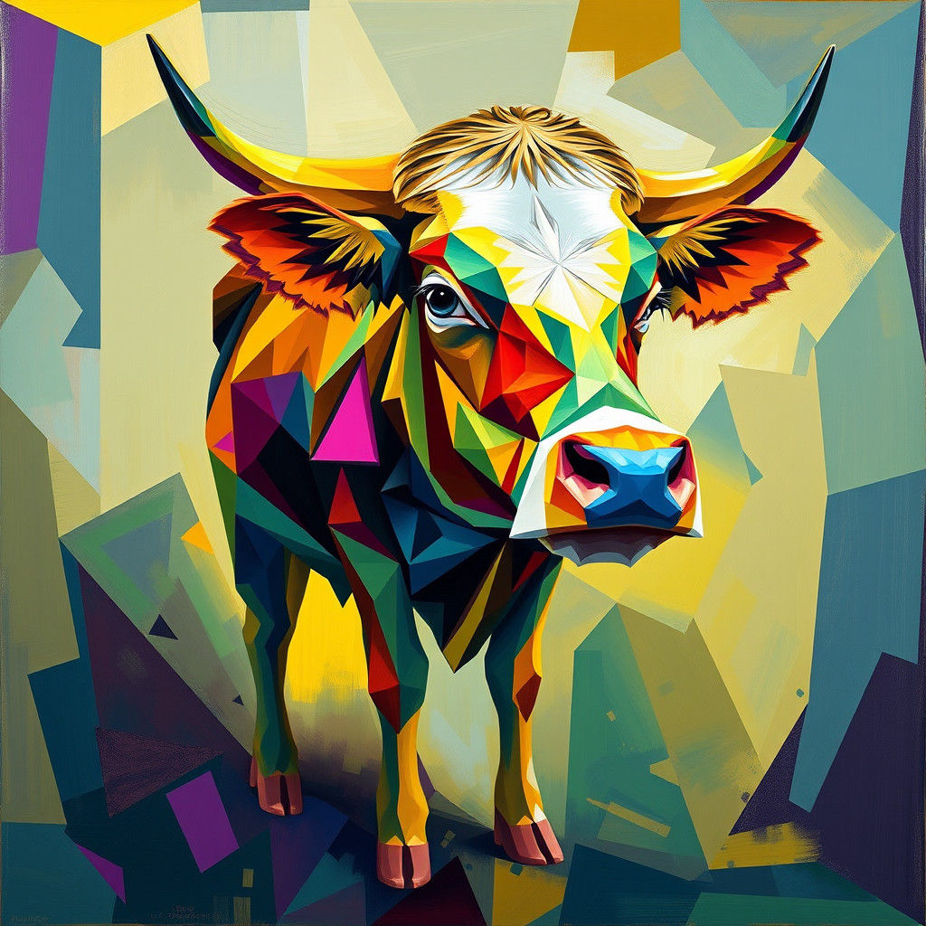 Geometric Cow Painting in Neo-Cubism Style