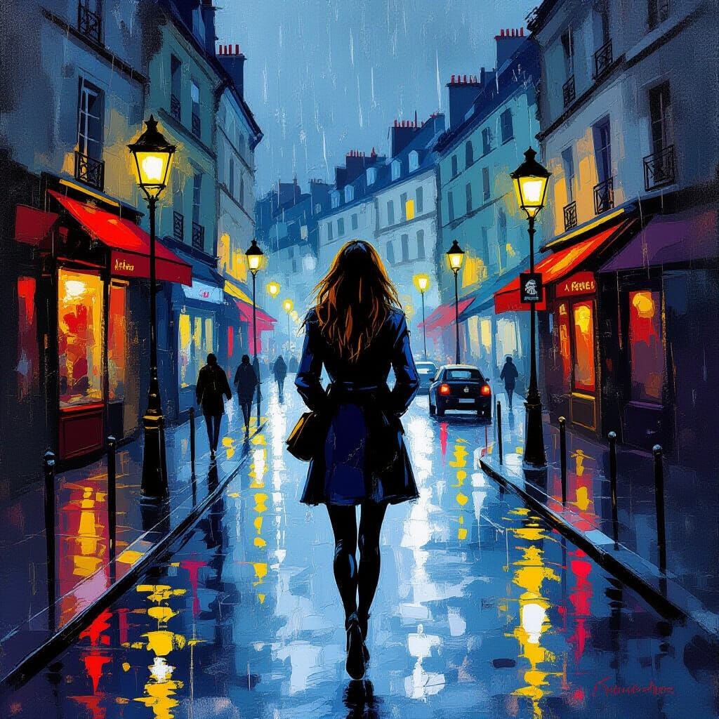 Handsome Woman in Rainy Paris Street, Expressive Impasto Sty...