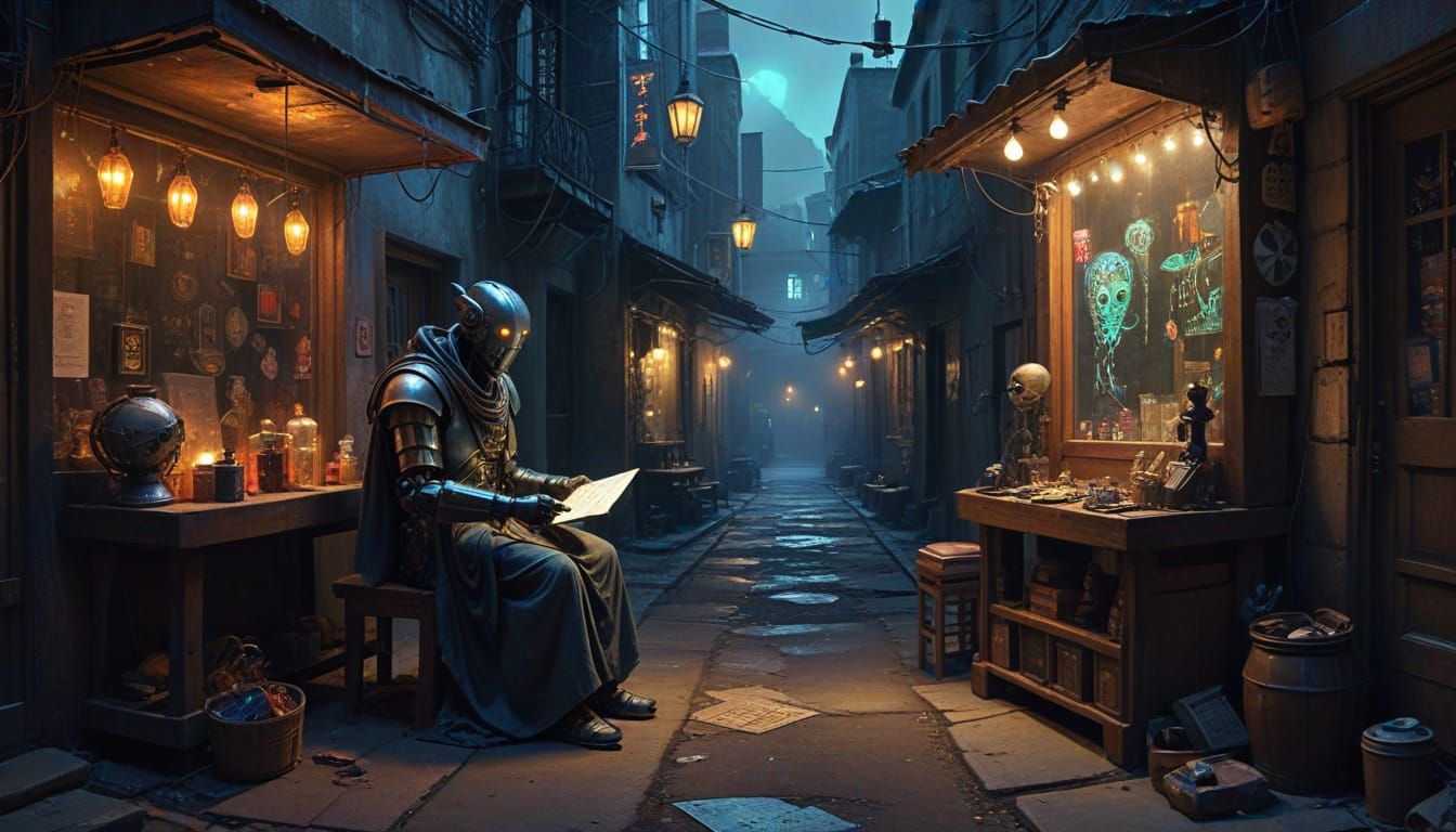 Cyberpunk Robot Fortune Teller in Neon Alley