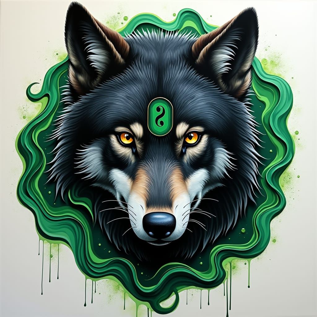 Black wolf, front view, green 3 D waves, Yin yang, circle