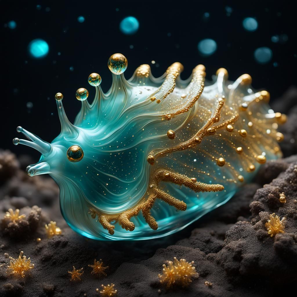 Blown Glass Sea Slug Portrait in Turquoise and Gold