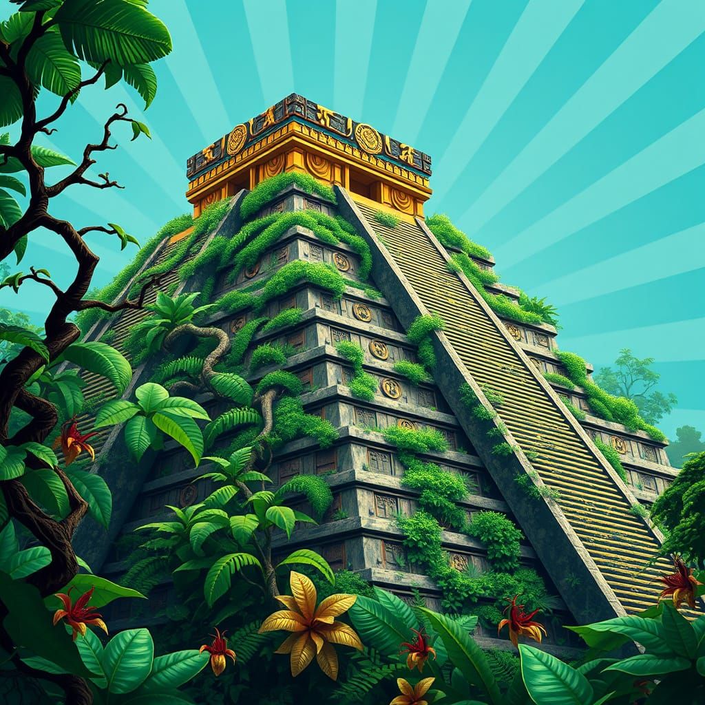 Ancient Aztec Pyramid Emerging from Emerald Jungle