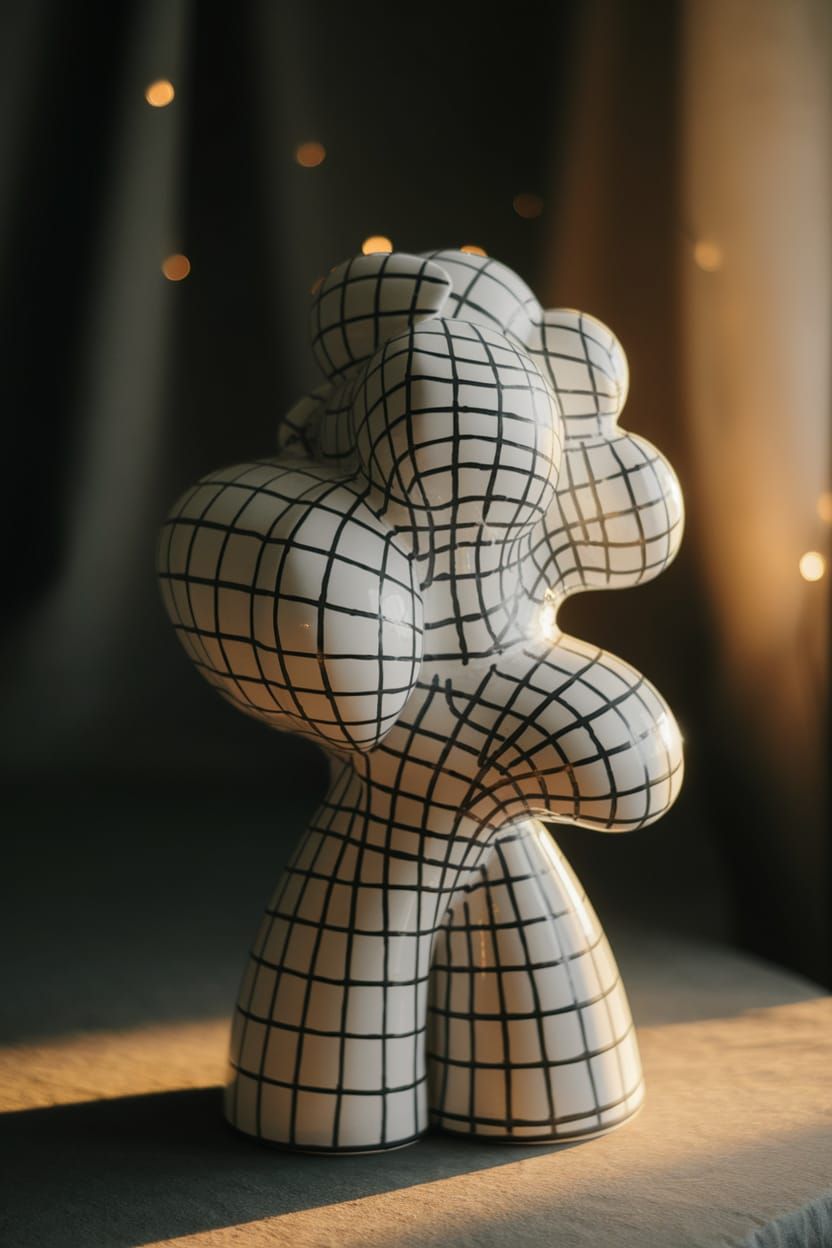 Glamorous Black and White Gingham Ceramic Sculpture in Moody...