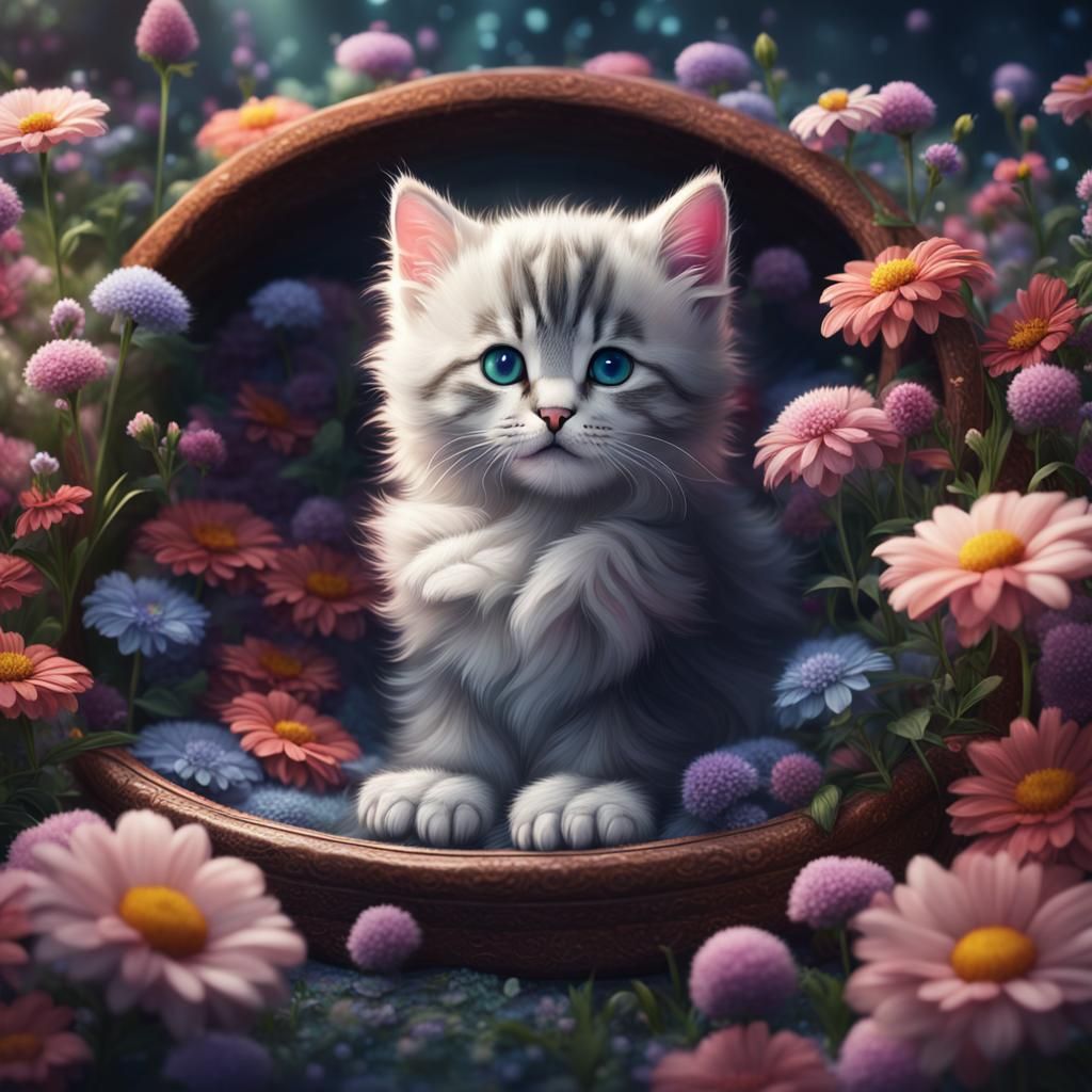Adorable Kitten Surrounded by Flowers: Detailed Digital Pain...