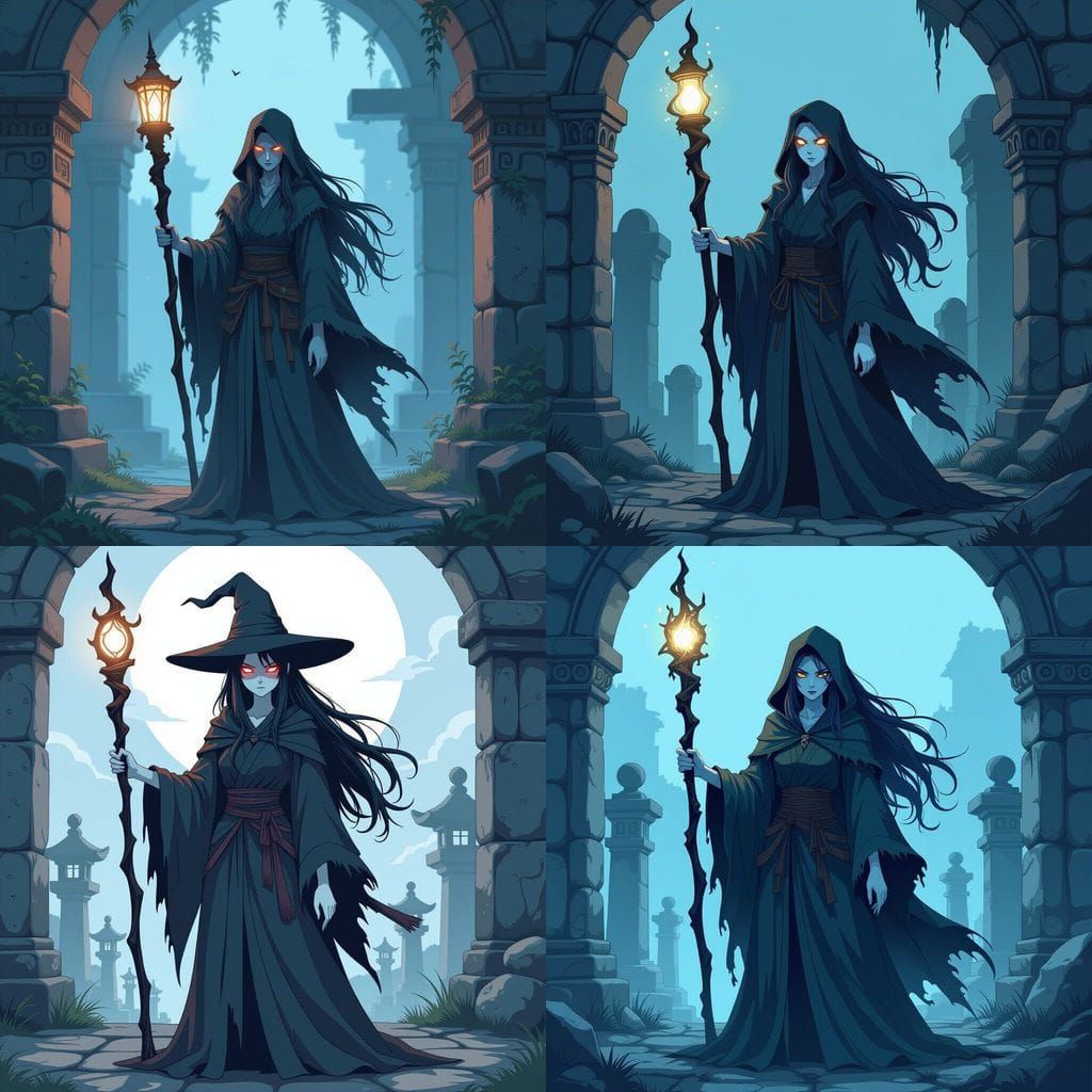 Sinister Witch in Tattered Robe in Anime Style