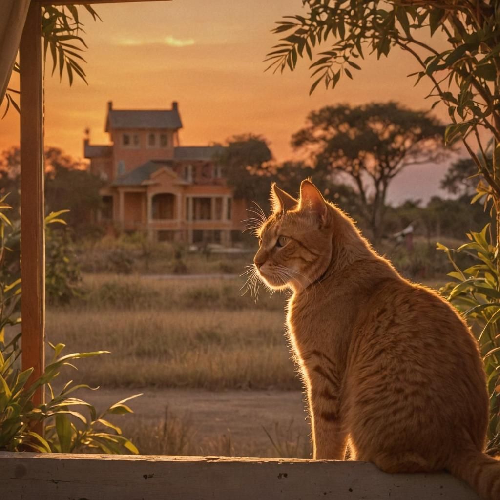 Orange Cat Silhouette with Lions, Fantasy Concept Art
