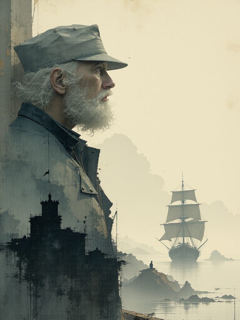 Minimalist Portrait of a Sailor Gazing at Distant Ship