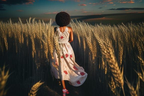 Surreal Girl with Carnation Afro in Wheat Field