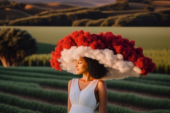 Girl with Flower Afro in Wheat Field: Surreal Impressionism