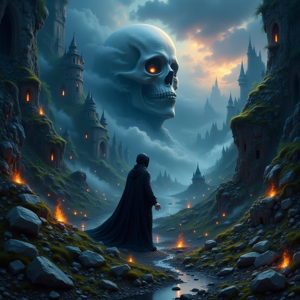 Shreds of black cloud loom in overcast skies
The Necromancer...