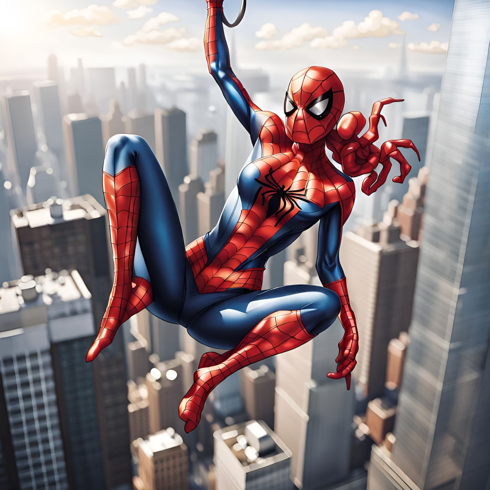 Female Spiderman Hangs Upside Down in Cityscape