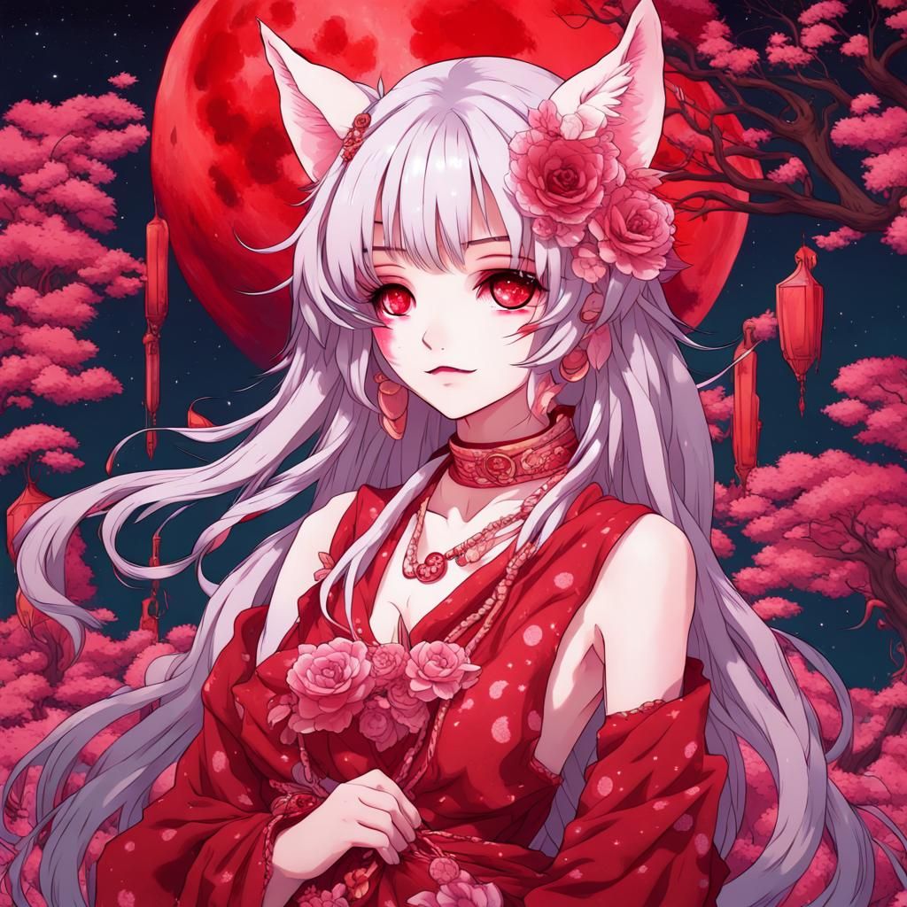 Kawaii Neko Girl with Crimson Moon, Anime Style