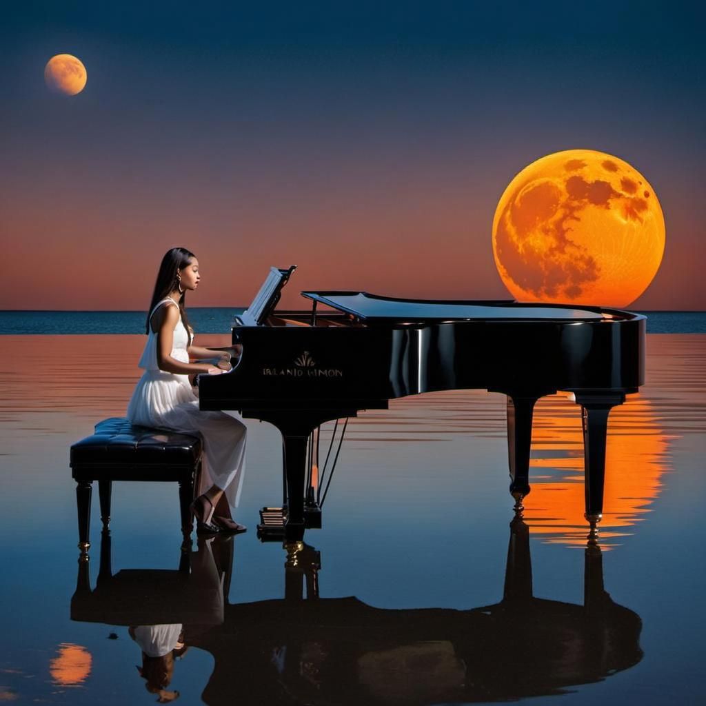Surreal Piano Player Under Orange Moon