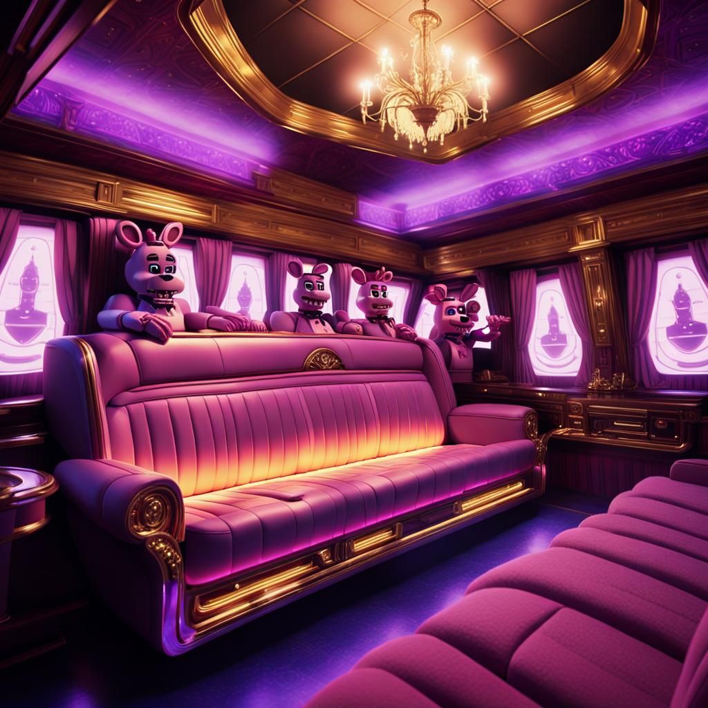 Luxurious FNAF Animatronic Limousine Interior in Neon-Lit Ci...
