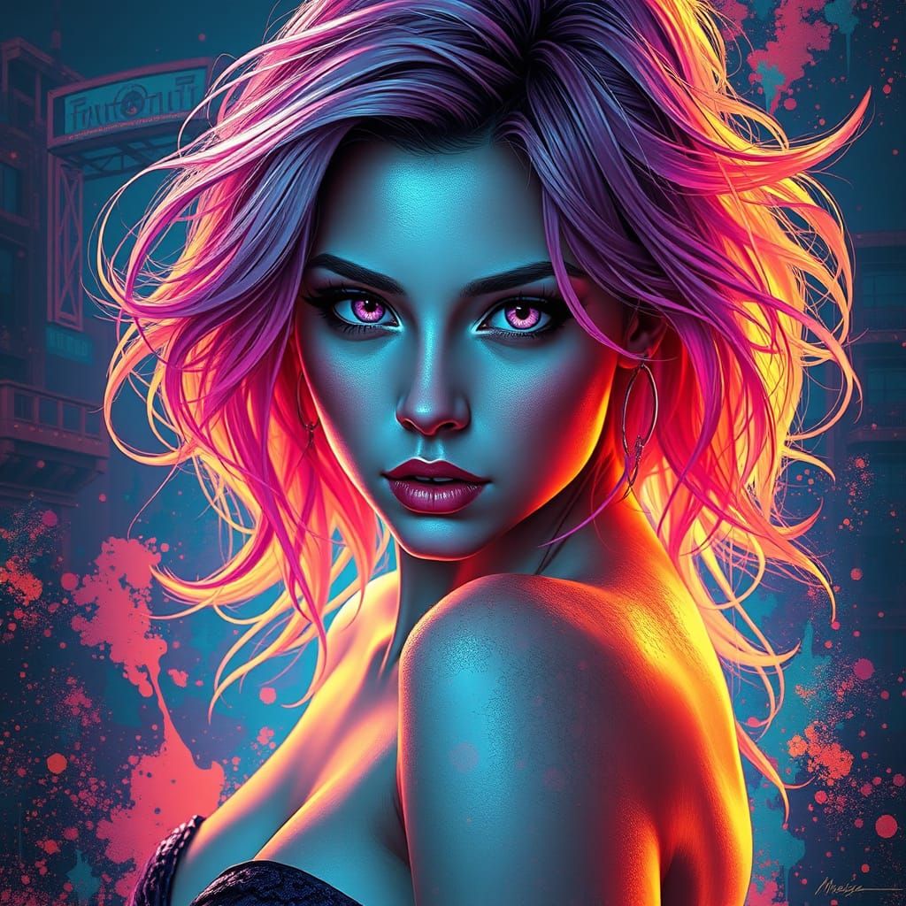 Pink Haired Woman Painting Living Art in Alcohol Ink Style