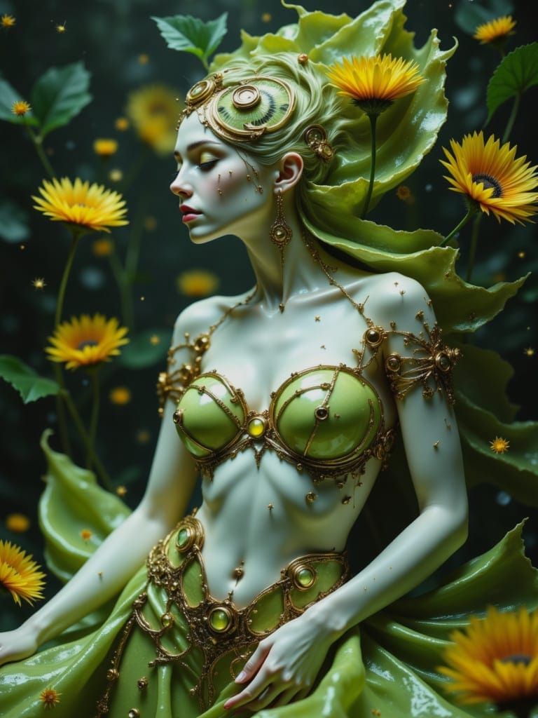 Steampunk Porcelain Woman with Kiwi Slices in Cyberpunk Styl...