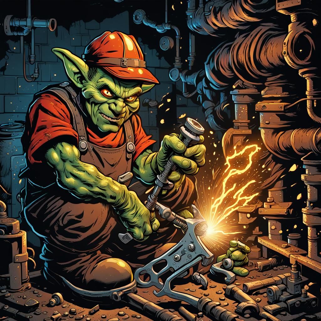 Goblin Plumber Fixing Pipes in Comic Book Art