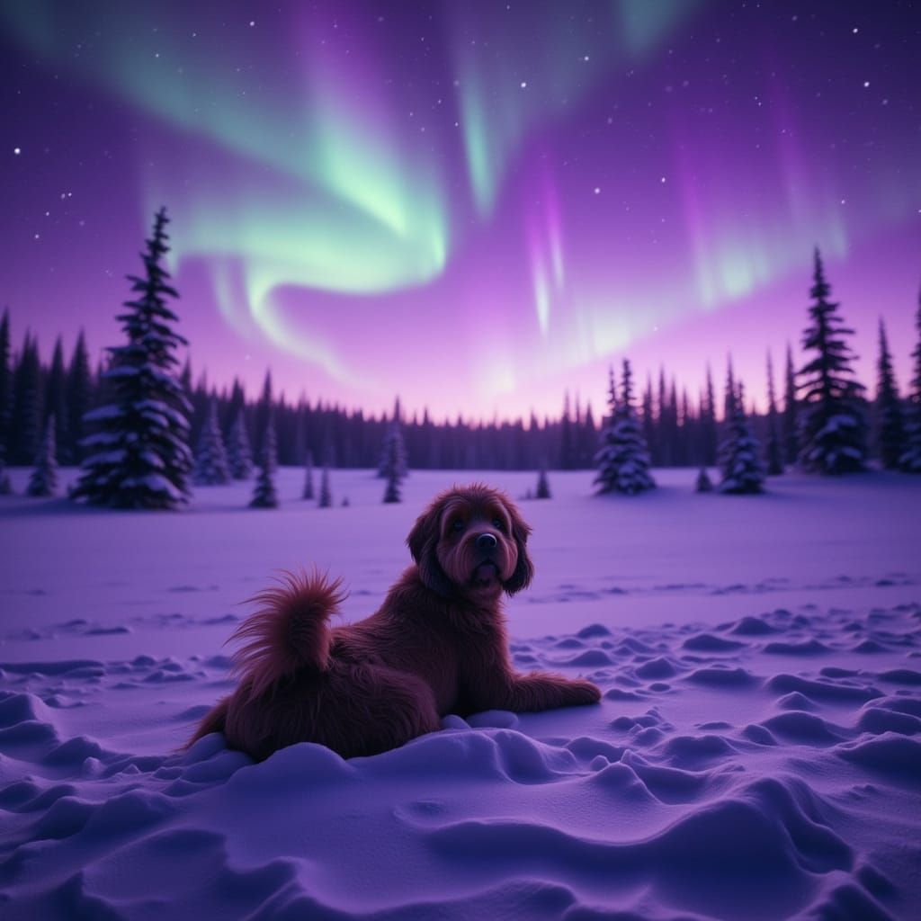 Newfoundland Dog Under Purple Aurora Sky