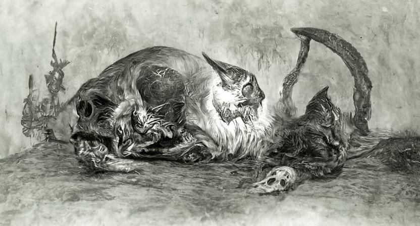 Feline Skull Entity in Hyperdetailed Charcoal Drawing