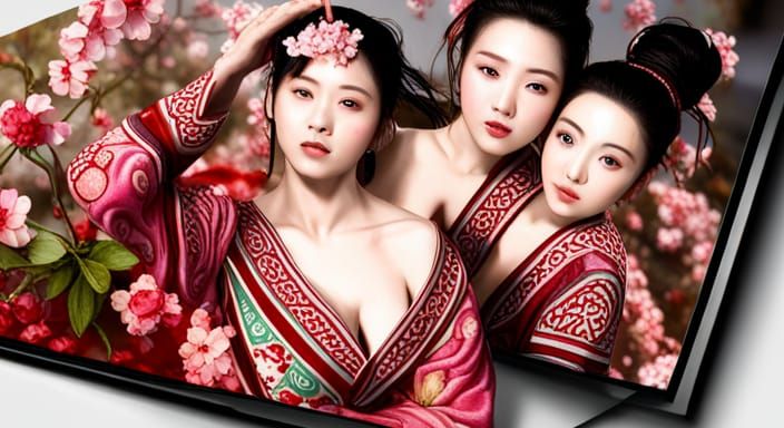 Green Eyed Geishas in Cherry Blossom Garden