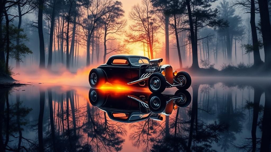 Hot Rod Speeds Through Mystical Forest at Sunset