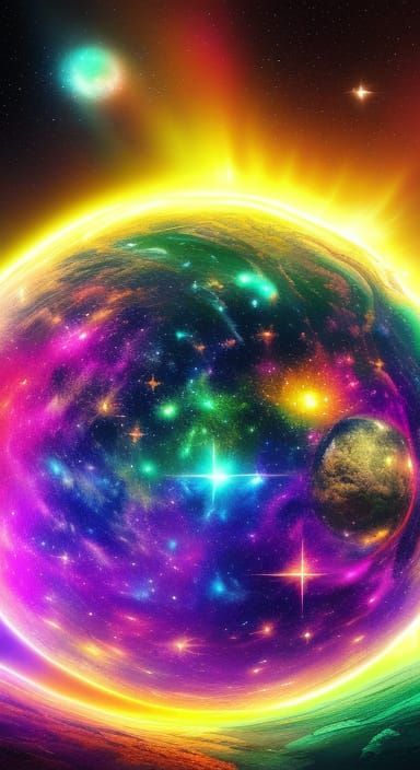 Vibrant Cosmic Landscape with Tree on Planet