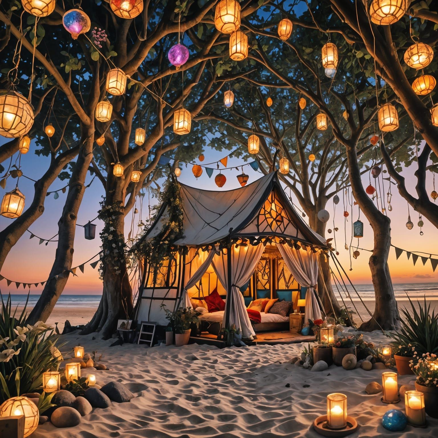Enchanted Beach Tent at Sunset: Fantasycore Dream