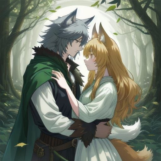 Anime-Inspired Wolf Couple in Forest Moonlight