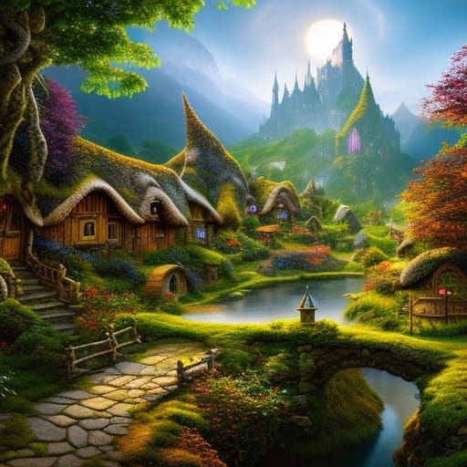 Enchanted Hobbit Village Landscape with Waterfalls