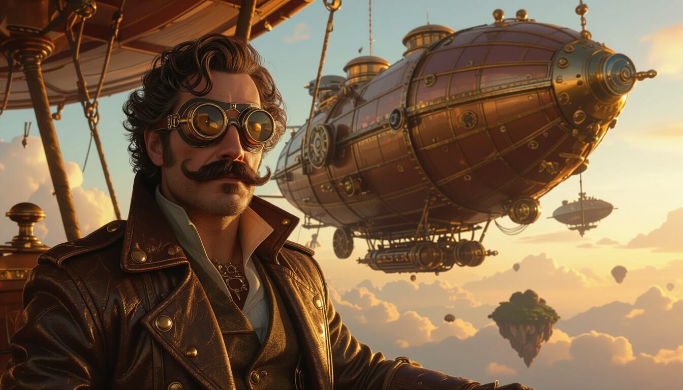 Steampunk Airship Captain Soaring Through Floating Islands