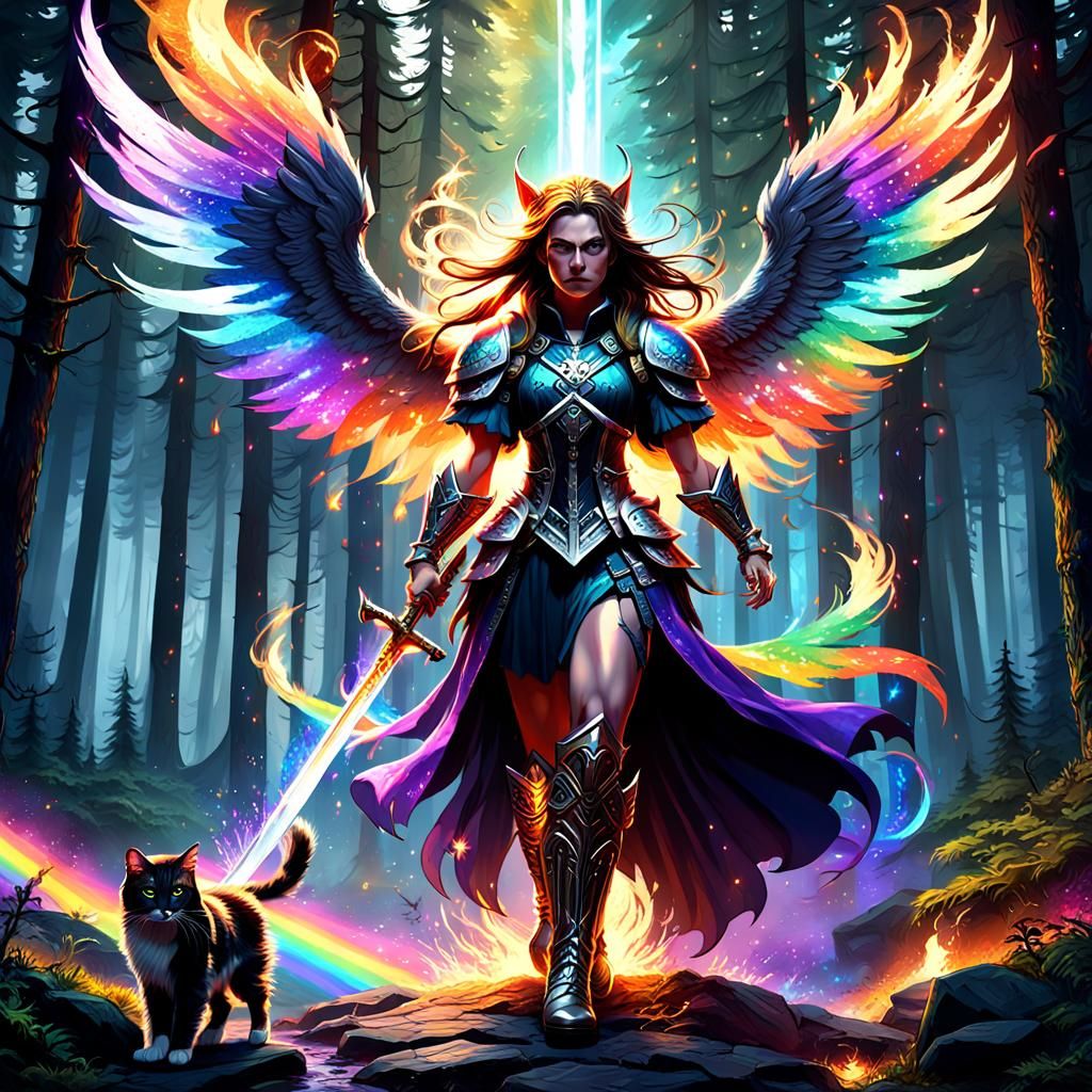 Winged Woman with Glitter Cats, Dark Fantasy Art