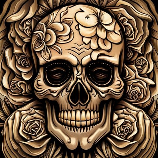 Hyperrealistic Skull with Flowers and Bronze Effect