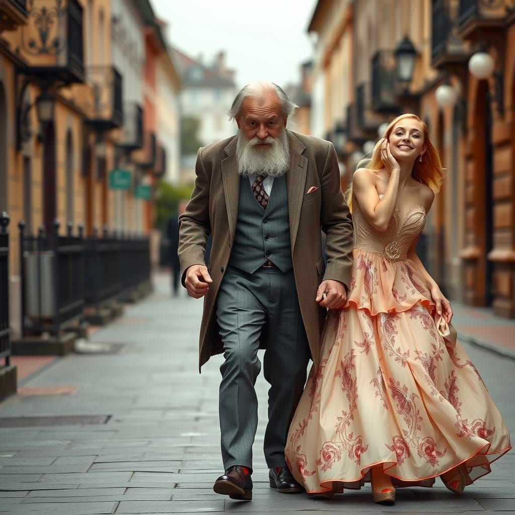 Elegant Old Man Escorting Young Ladies to Ball