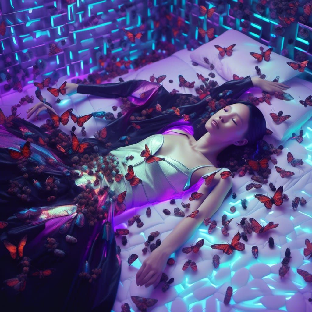 Hyperreal Asian Model Portrait with Moths in Jungle