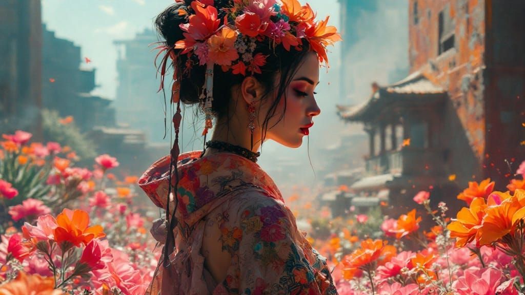 Industrial Geisha in Vibrant Oasis Desert Landscape