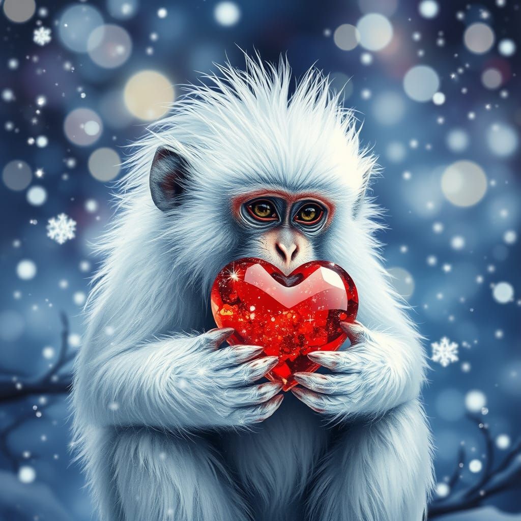 Sparkling White Monkey Holds a Heart in a Snowy Blizzard