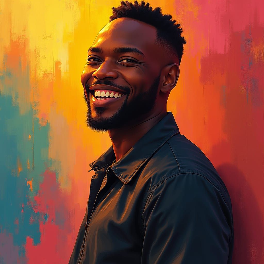 Handsome Black Man Smiling in Vibrant Abstract Art