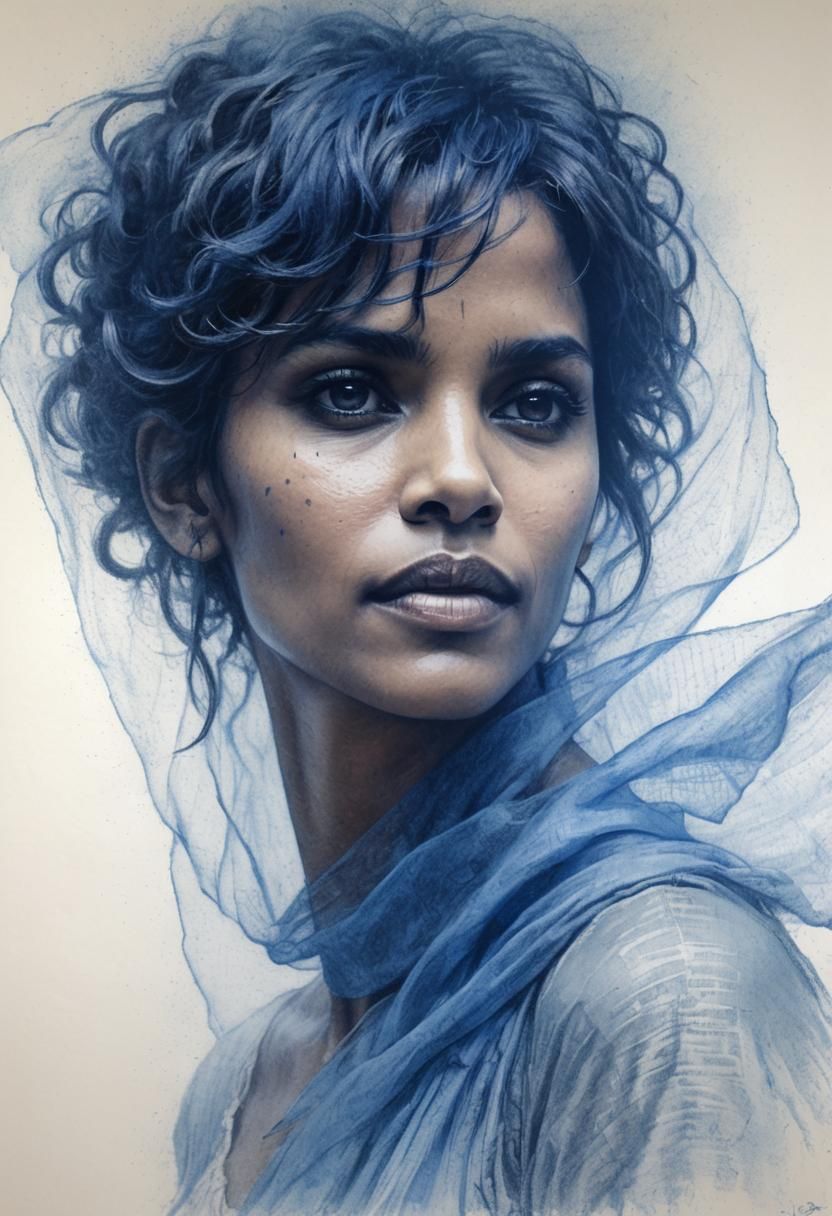 Pre-Raphaelite Biro Sketch of Young Woman