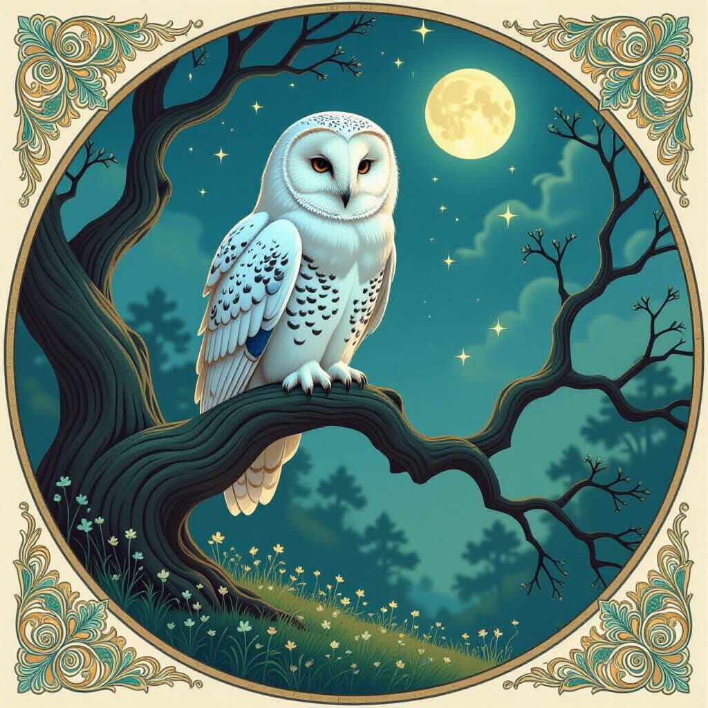 Snowy Owl in Enchanted Forest, Art Nouveau Style
