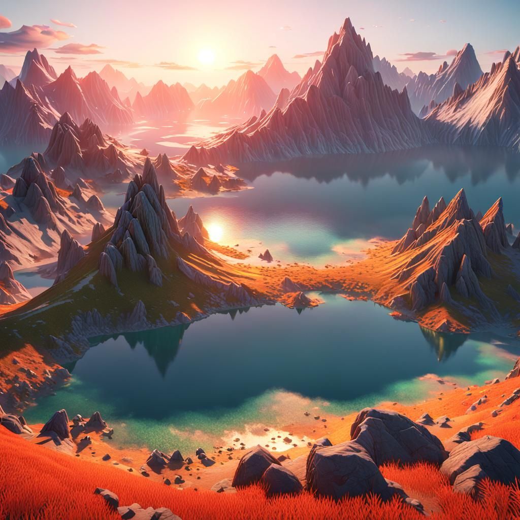 Mystical Mountain Range at Sunset in 3D