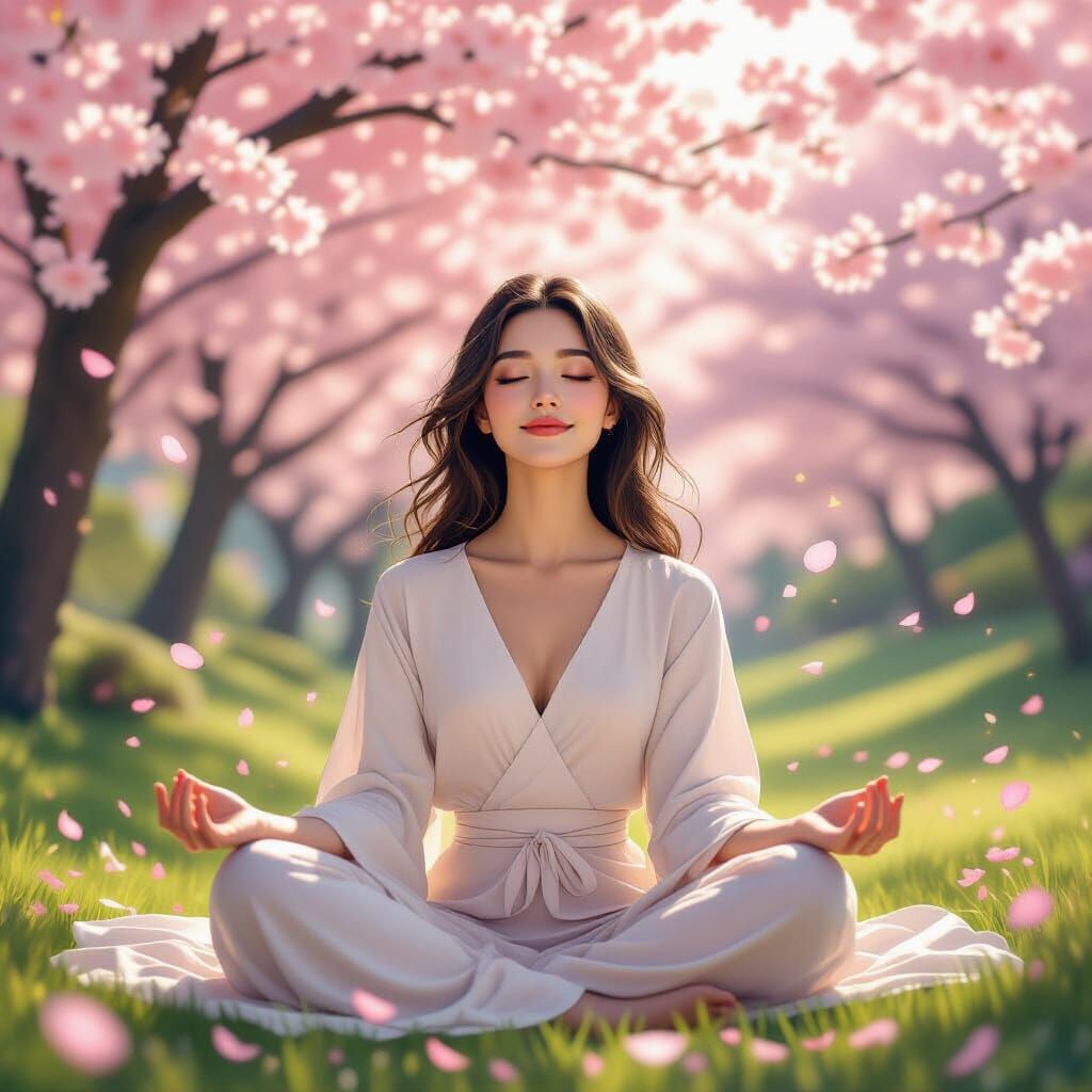 Meditating Woman in Cherry Blossom Garden with Golden Embers