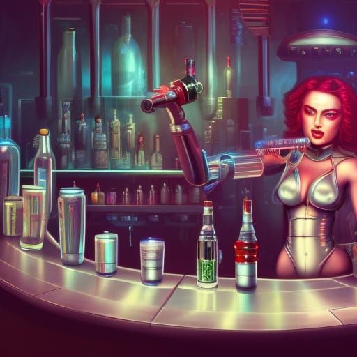 Cyborg Bartender in Detailed Matte Painting Style