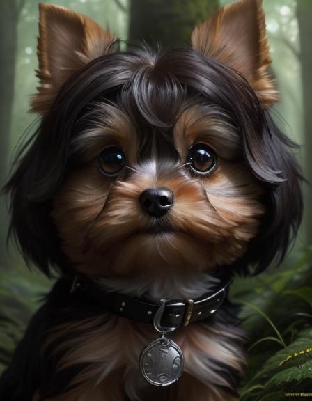 Chibi Kawaii Yorkie Puppy Portrait in Lush Forest