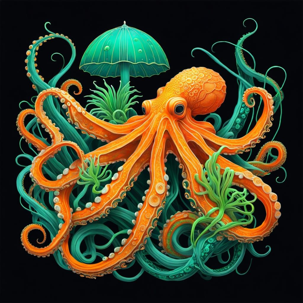 Intricate Octopus with Tropical Fish in Kintsugi Style