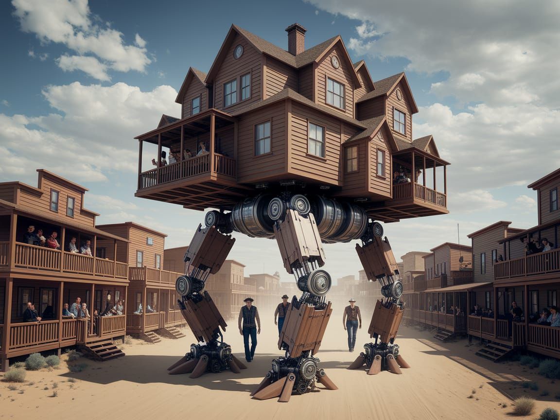 Steampunk Wild West Town Walks Through Desert