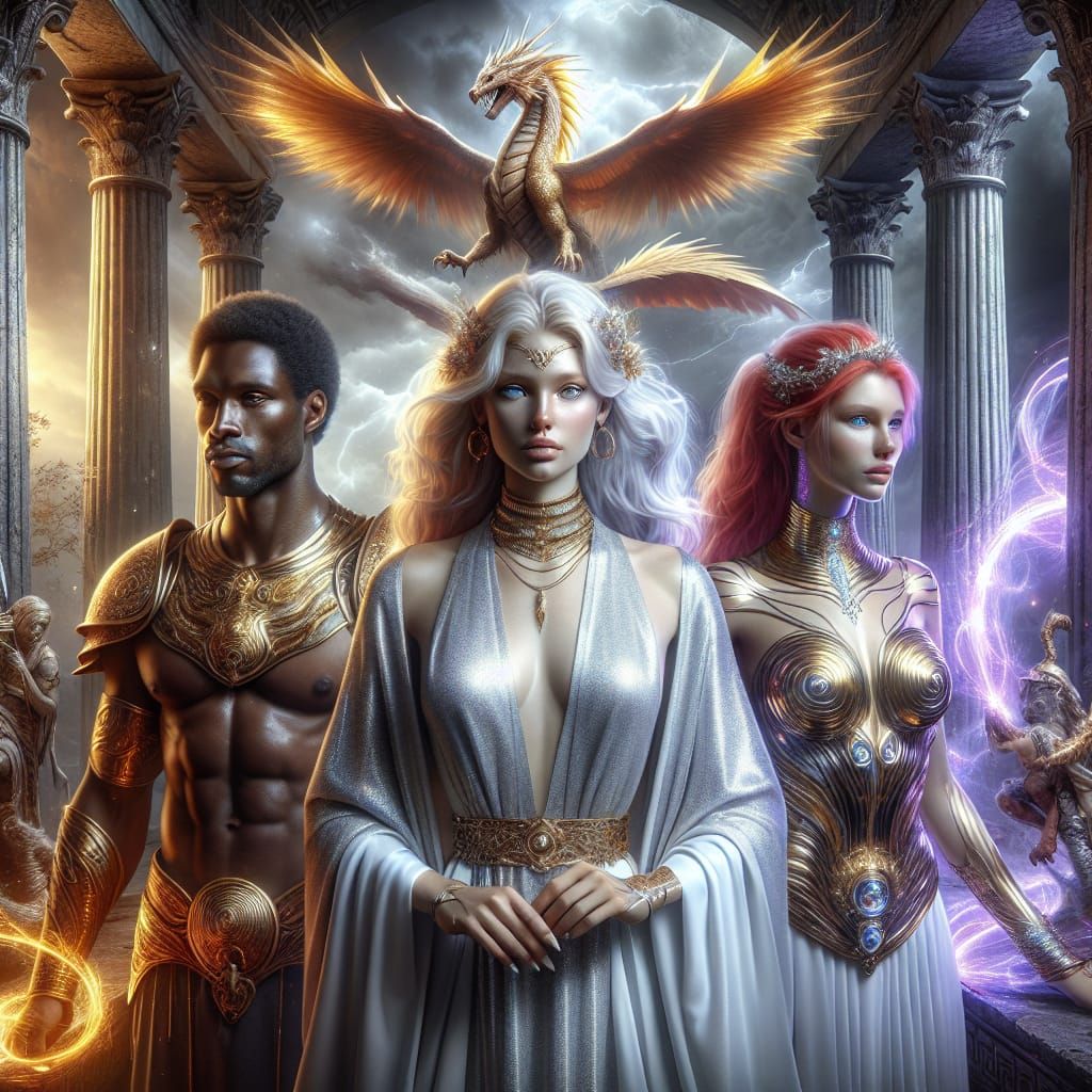 Goddess in Greek Ruins with Dragon