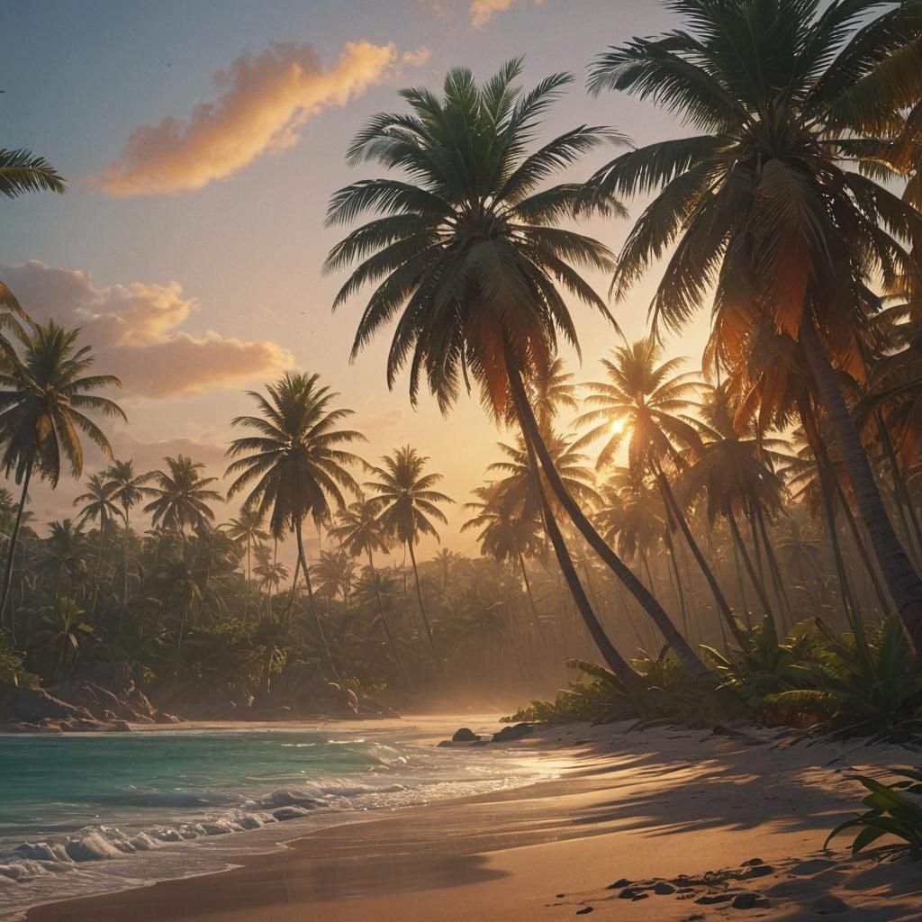 Tropical Beach Sunset in Surreal Digital Art Style